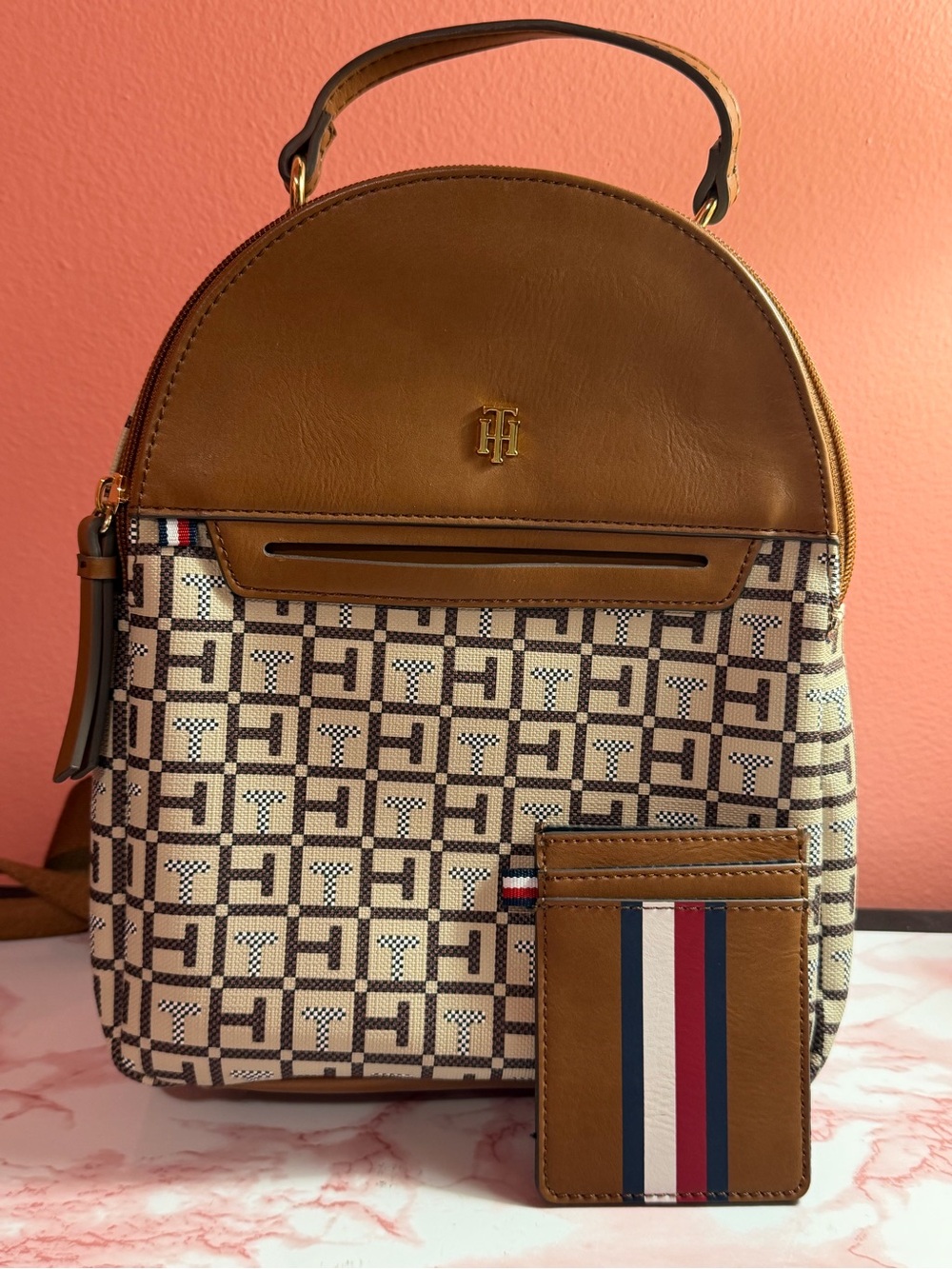 Tommy Hilfiger Brown Signature Monogram Mini Backpack with Cardholder